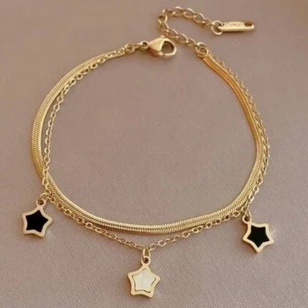 NEW 14K Yellow Gold Lucky Star Layered Luxury Bracelet - Picture 1 of 5